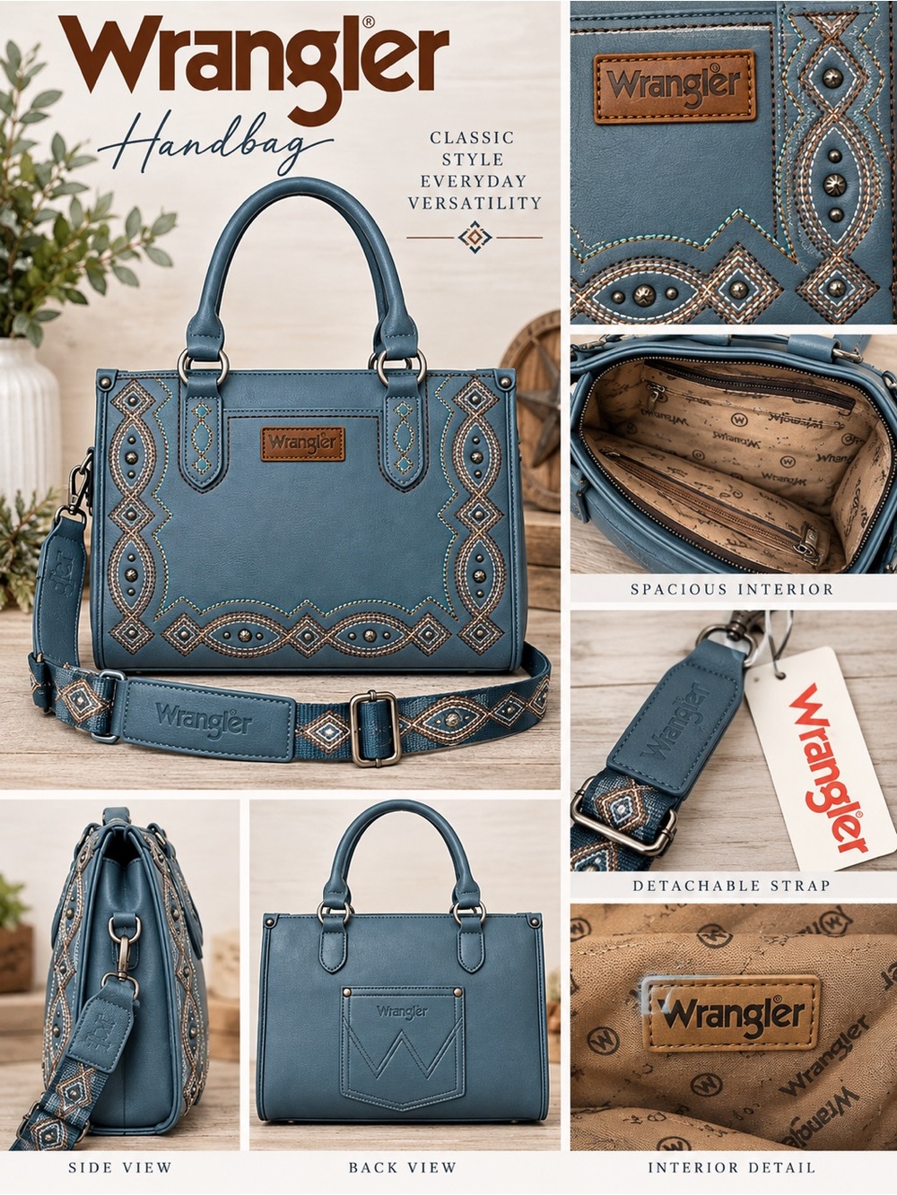 Wrangler Teal Embroidered Satchel Handbag with Detachable Strap